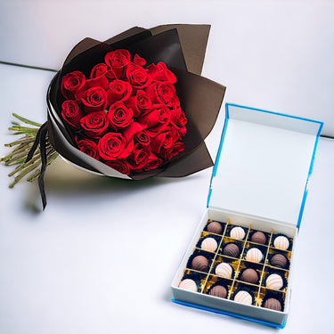 25 Red Roses, Stylish Black Wrap Bouquet, Assorted Truffle Chocolate Box, 16pcs, Truffle Chocolate Balls